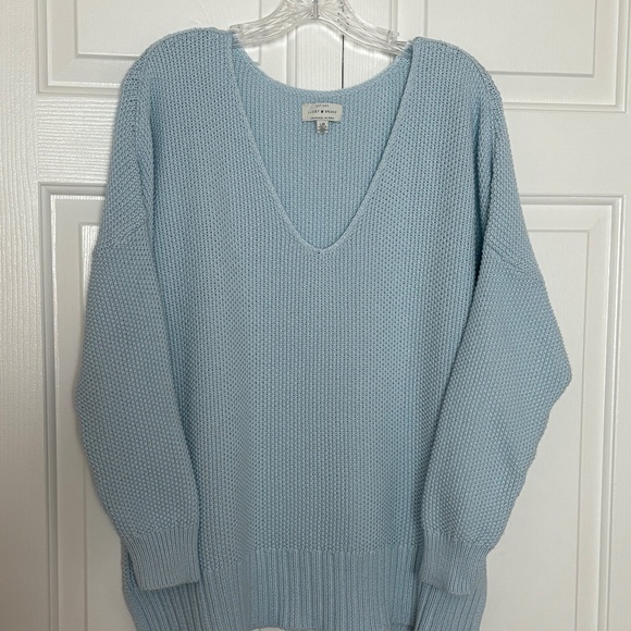 Light Blue, Baby Blue Lucky Brand Cotton-Blend Pullover V-Neck Sweater - Picture 1 of 8